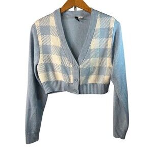 Divided Blue White Argyle Crop Button Front Long Sleeve Sweater Size XS